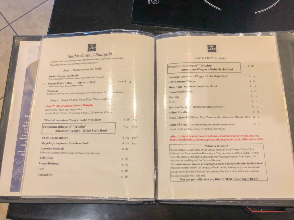 Shabu Shabu Zen & Sake Bar menu